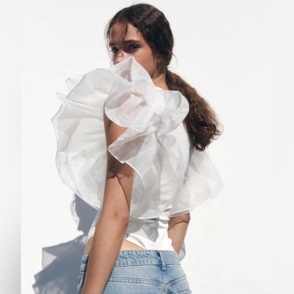 Zara tulle ruffled white ribbed bodysuit sleeveless top - Picture 10 of 11